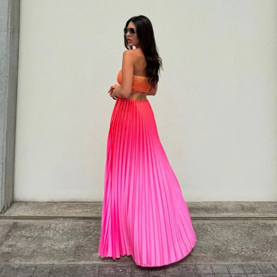 Gradient Colorblock Sleeveless Pleated Cut-Out Backless Maxi Beach Dress