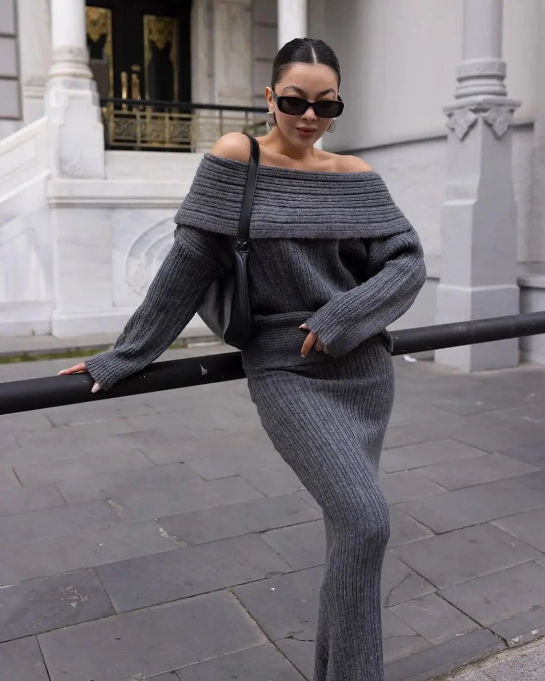 Off-the-Shoulder Women's Sweater + Solid Knitted Maxi Skirt Two-Piece Sweater Set