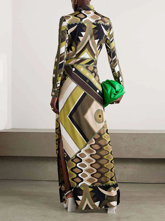 Geometric Print Turn-Down Collar Hollow-Out Long Sleeve High Waist Spliced Button-Up Maxi Dress