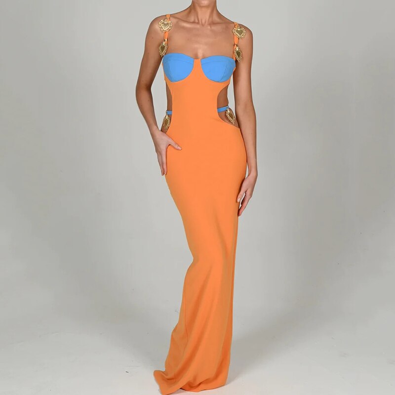 Low Cut Constrast Colored Shoulder Strap Beaded Sleeveless Maxi Dress