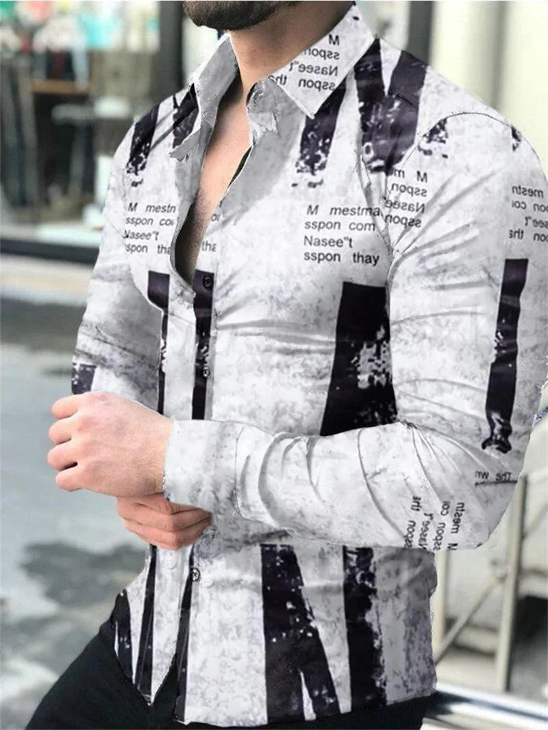 Men's Geometric Striped Print Turn-Down Collar Long Sleeve Button-Up Dress Shirts