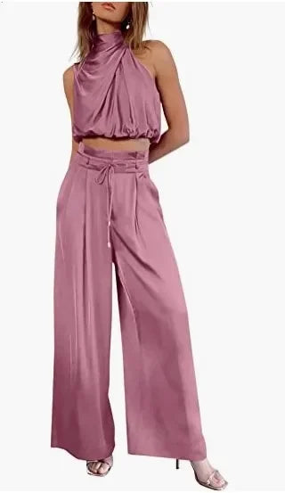 Sleeveless Turtleneck Ruched Crop Top + Bell Bottom Wide Leg Women's Pants 2-Piece Set