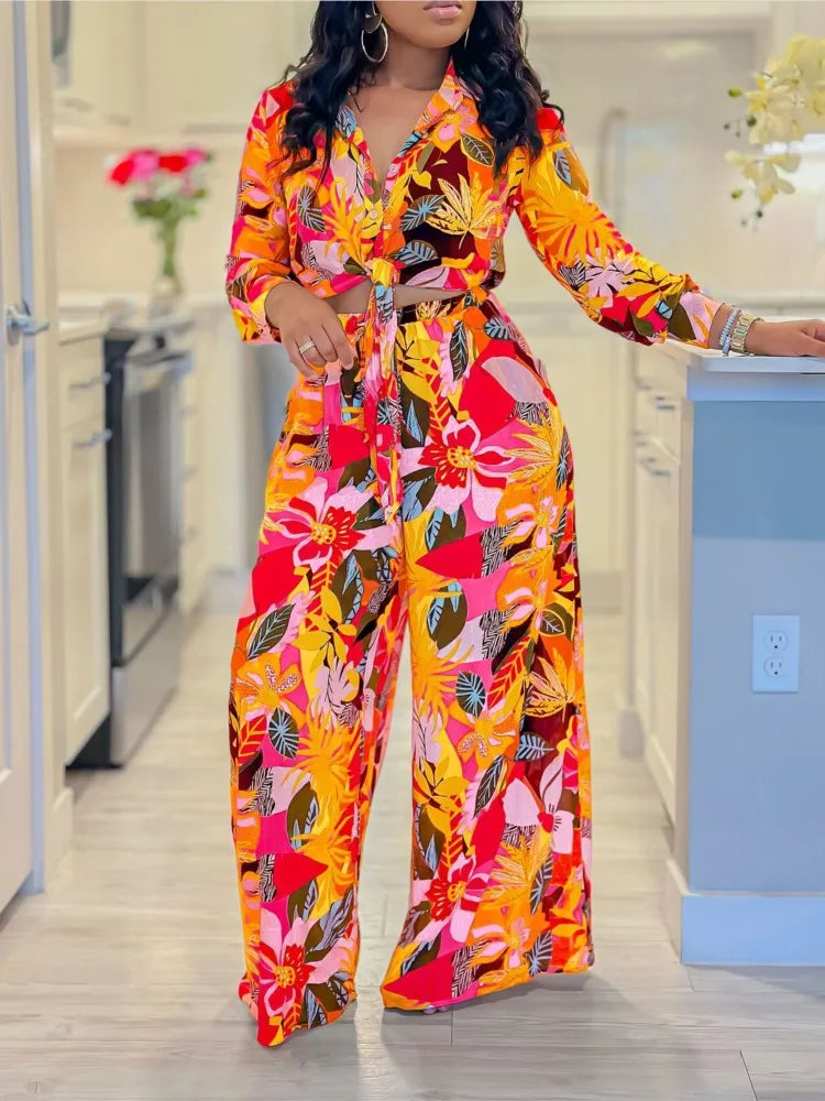 Tropical Pastel Flower Print Long Sleeve Blouse + Wide Leg Women's Trouser Pants 2-Piece Set