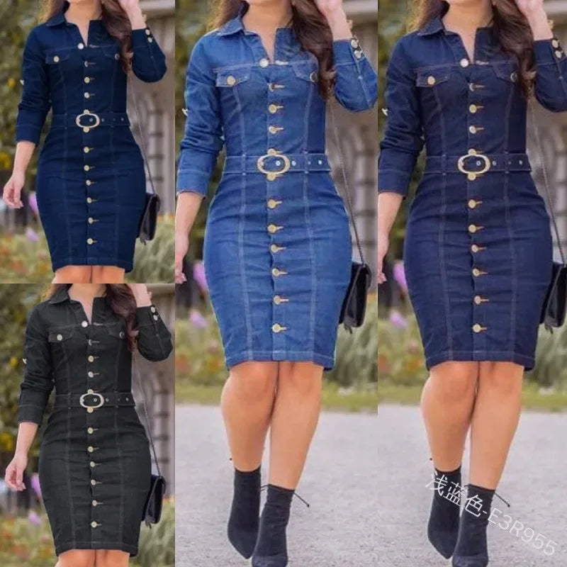 Denim Button Up Single Breasted Long-Sleeved Goddess Midi Dress