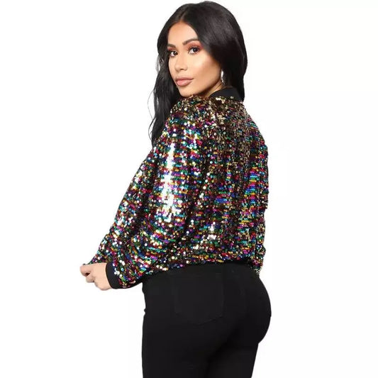 Gradient Sequin Beaded Embroidered Sequined Zipper Bomber Jacket