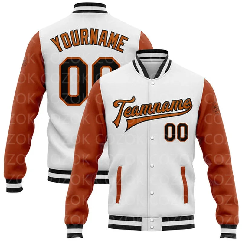 Unisex Customized White/Off White 3D Logo/Team Name Letter Print Baseball Button-Up Varsity Letterman's Bomber Jacket