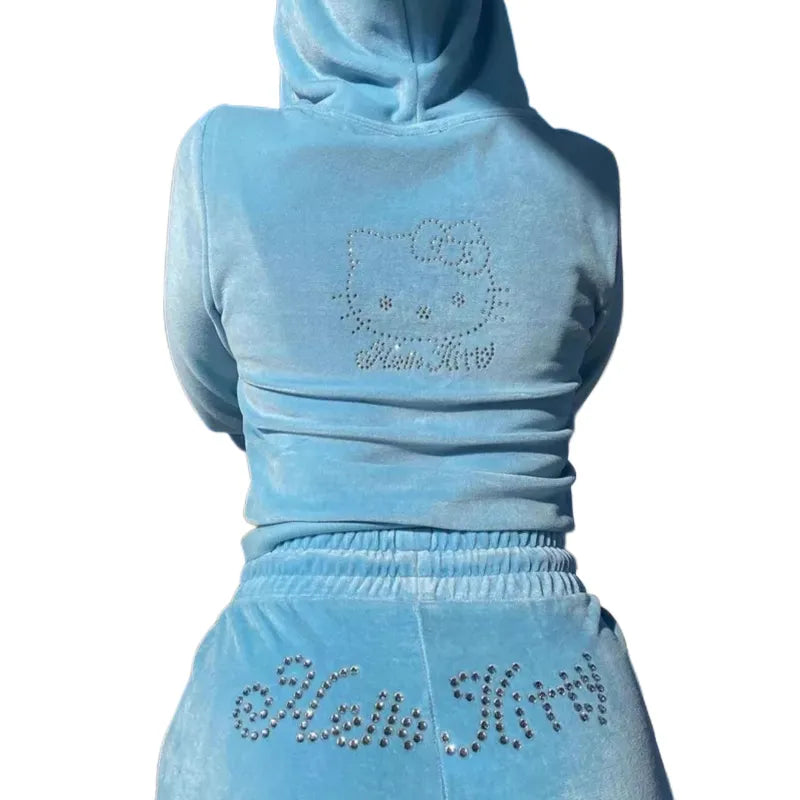 "Hello Kitty" Baby Blue Rhinestone Velvet Zipper Hoodie Ladies Tracksuit