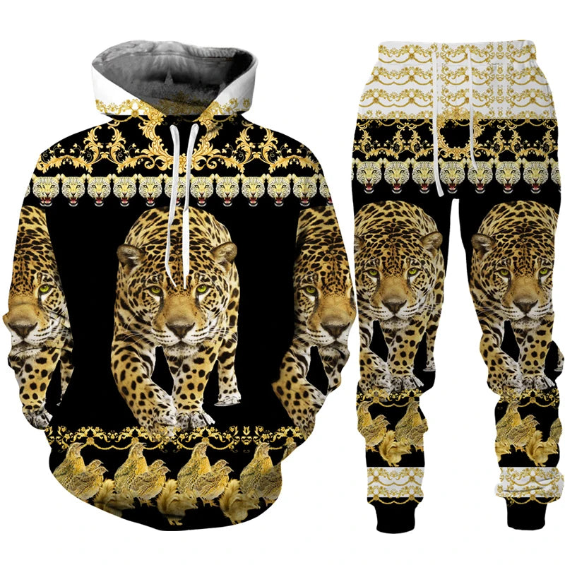 Men's Leopard/Tiger/Dragon/Clock Medallion Baroque Printed Graphic Golden/Black/White 3D Pattern Hoodie Sweatshirt + Sweatpants Tracksuit