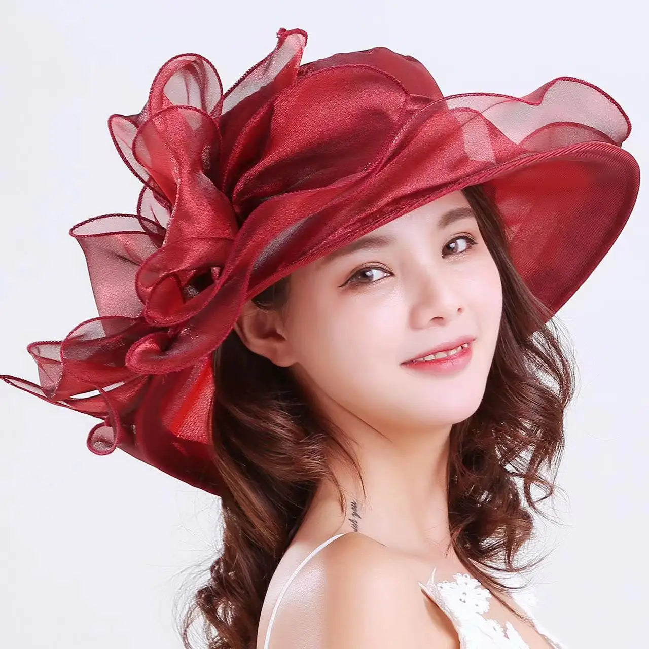 Oversized Organza Floral Bow Detail Wide Brim Kentucky Derby/Church/Wedding Fedora Hat