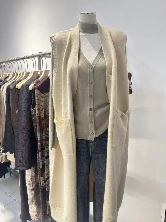 Sleeveless Knitted Button Front Vintage Oversized Knitted V-Neck Maxi Sweater Vest Dress