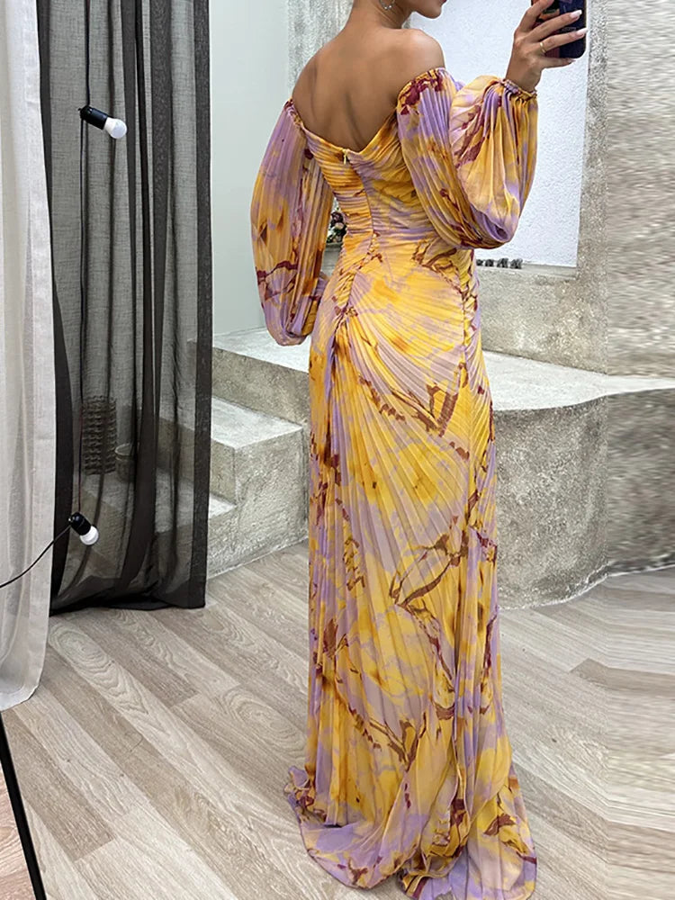 Chiffon Lantern Sleeve Floral Pleated Long Sleeve V-Neck High Split Maxi Dress