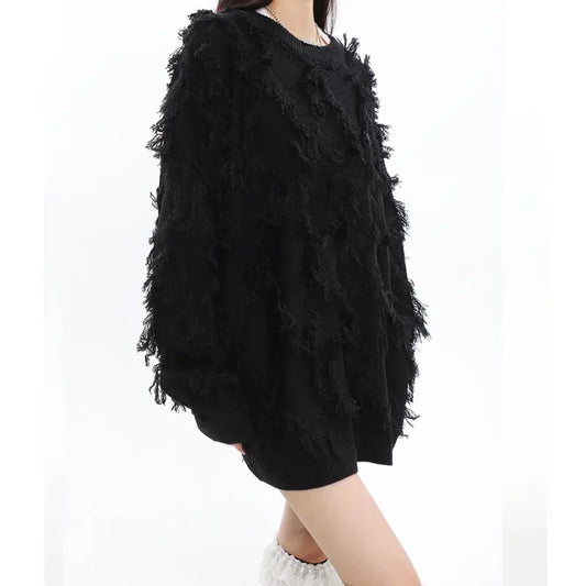 Oversized Fringe Tassel Design Knitted Women's Streetwear Loose Pullover Loose Sweater