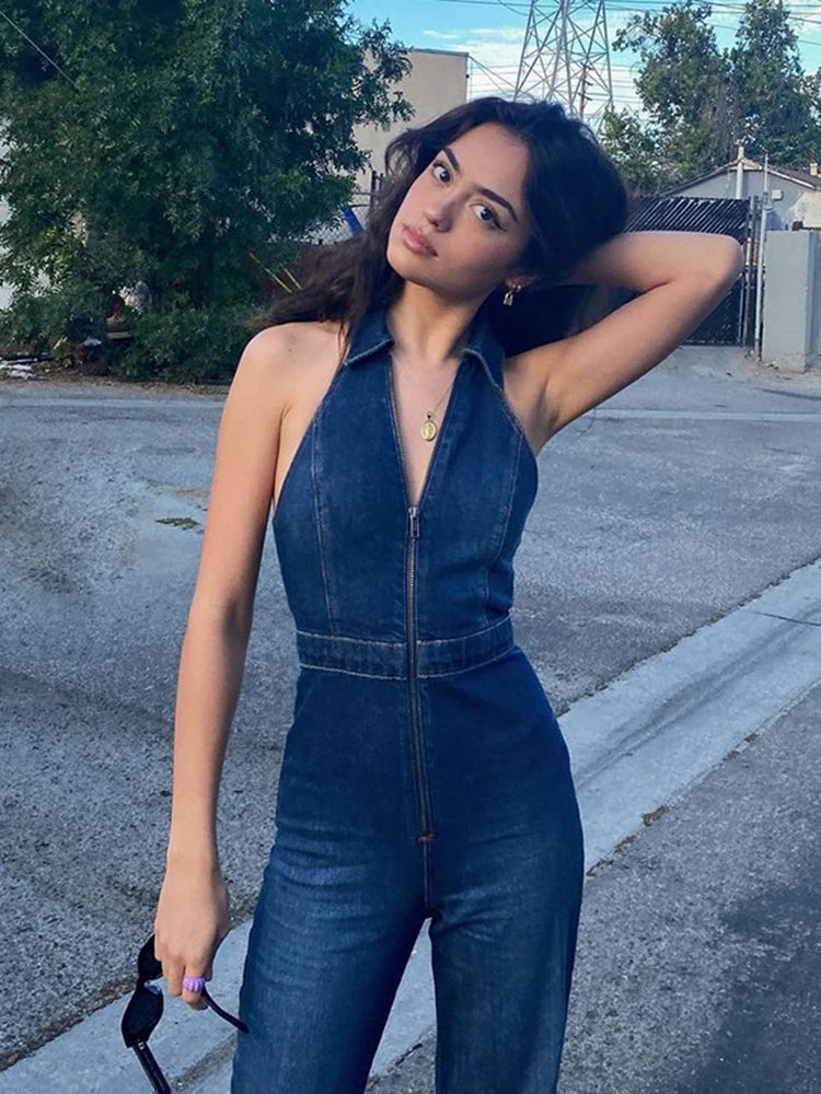 Denim V-Neck Sleeveless Zipper Front Turn-Down Collar Flared Leg Jean Jumpsuit