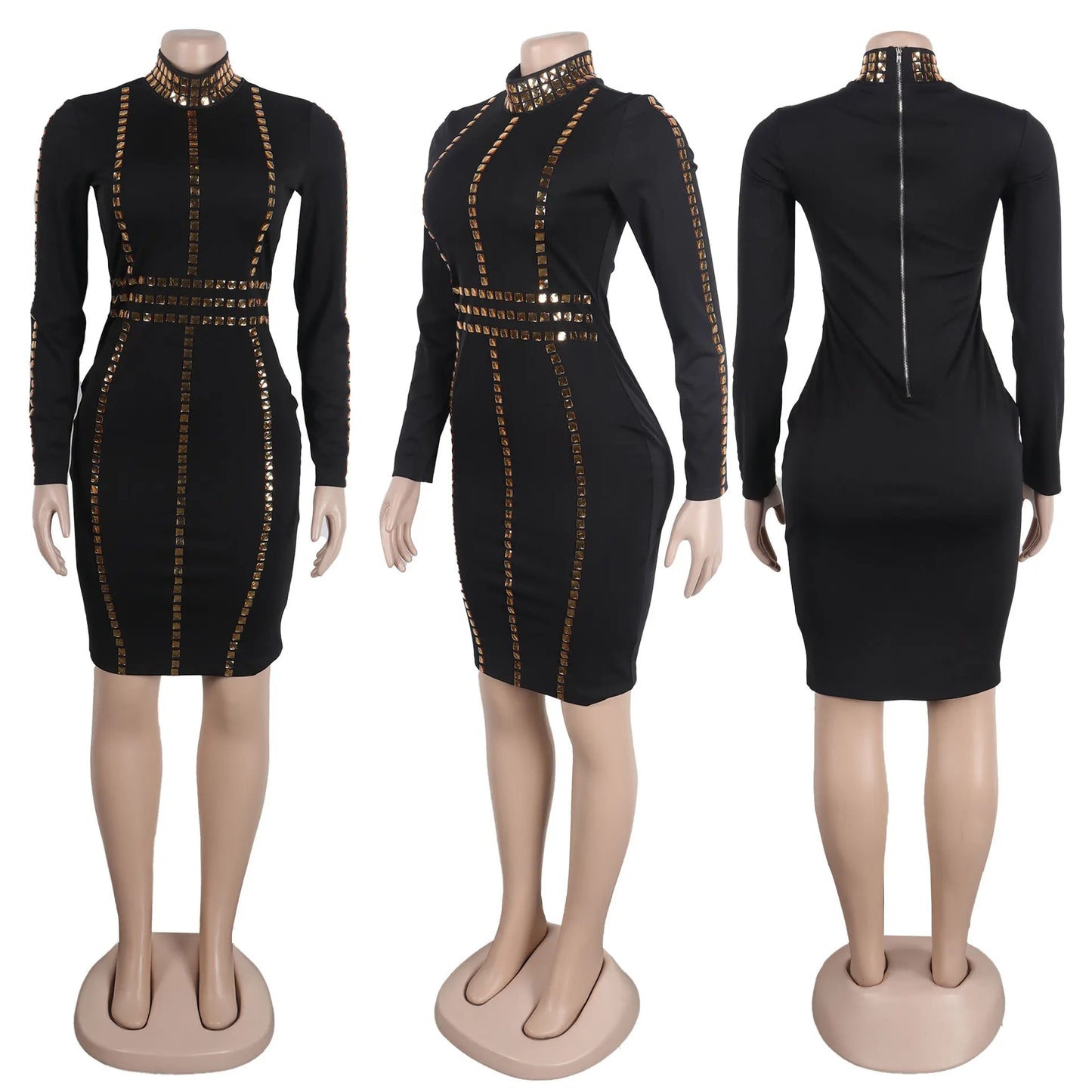 Gold Studded Hot Drill Stretch Long Sleeve Midi Dress