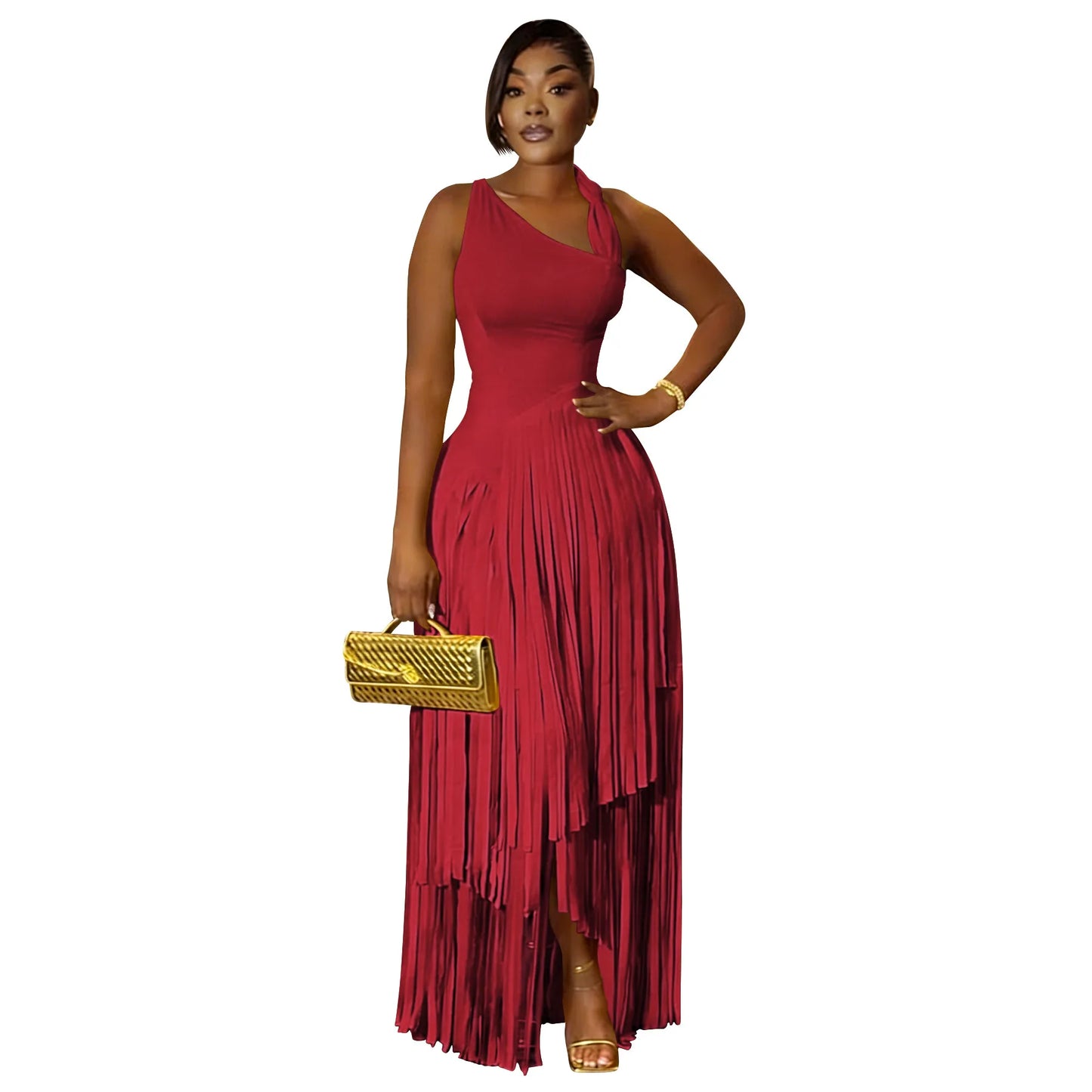 Sleeveless Asymmetrical Tassel Fringe Hem Design Skew Collar Maxi Party Dress