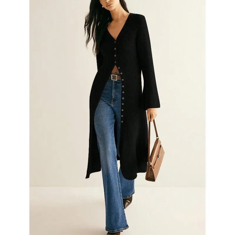 Knitted Long Flared Sleeve Button Front Bodycon Women's Maxi Sweater