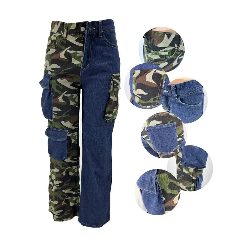 Denim Patchwork Camouflage 3D Pocket Ladies Cargo Pants