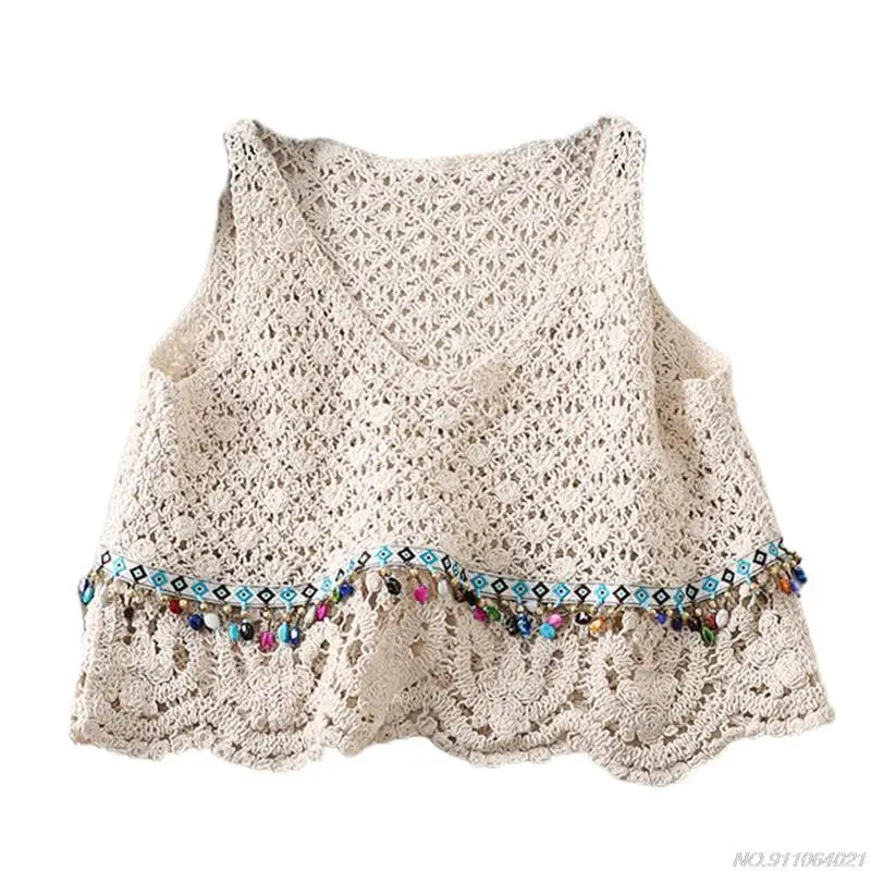 Crochet Multi-Colored Square Flower Design Knitted Square Neck Women's Sleeveless Cropped Tank Top