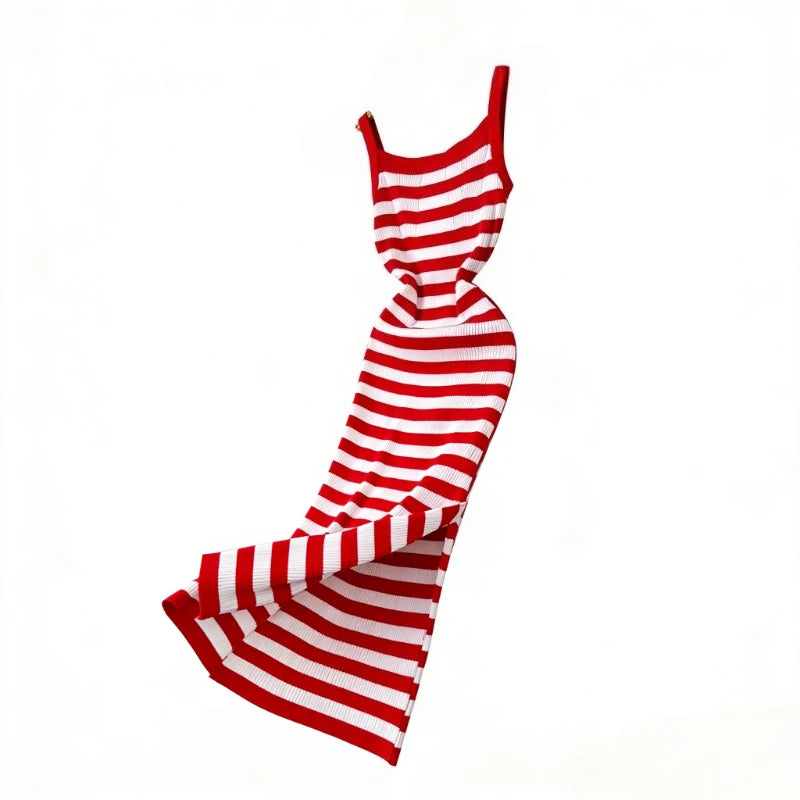 Sleeveless Striped Spaghetti Strap Stretch Knitted Bodycon Maxi Dress