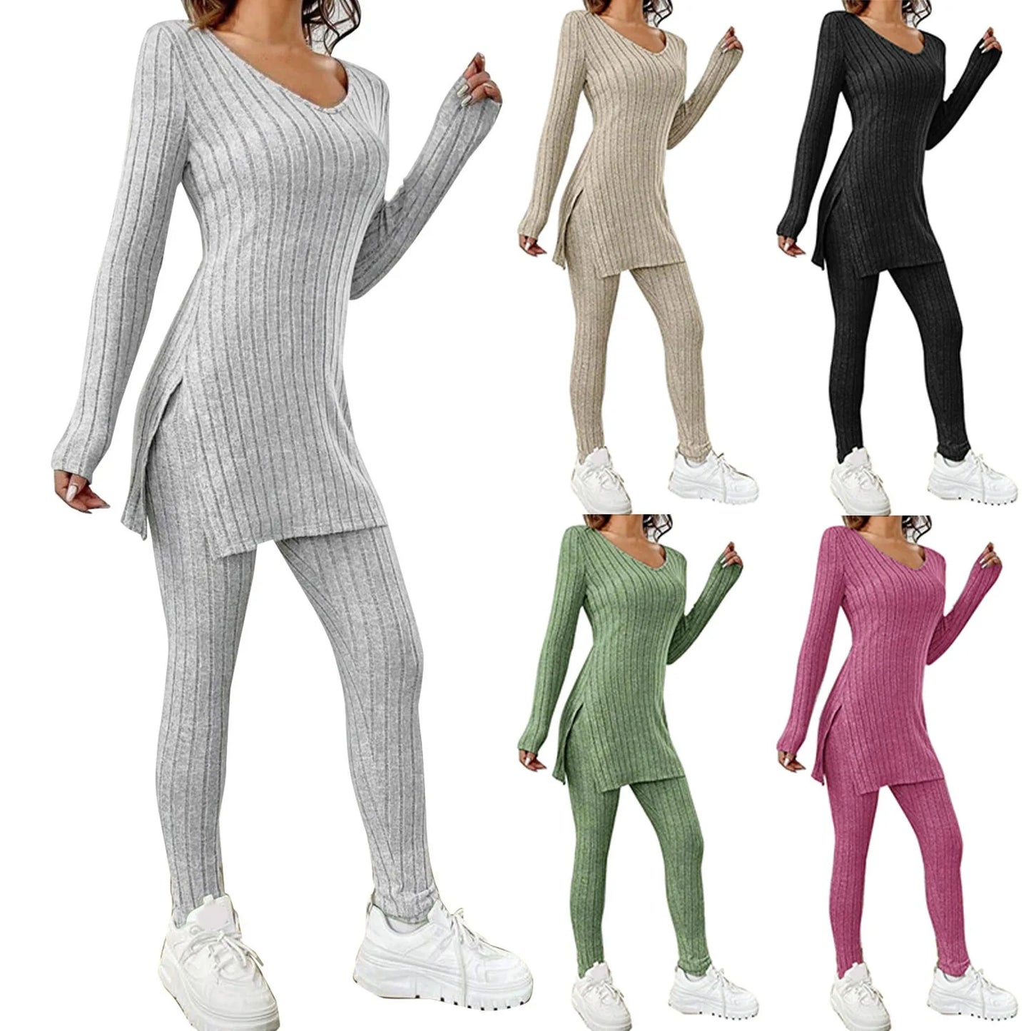 Ribbed Knitted Long Sleeve Women's Tunic Shirt + Leggings 2-Piece Set