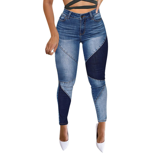 Blue/Black Patchwork Colorblock Design Women's Skinny Jeans