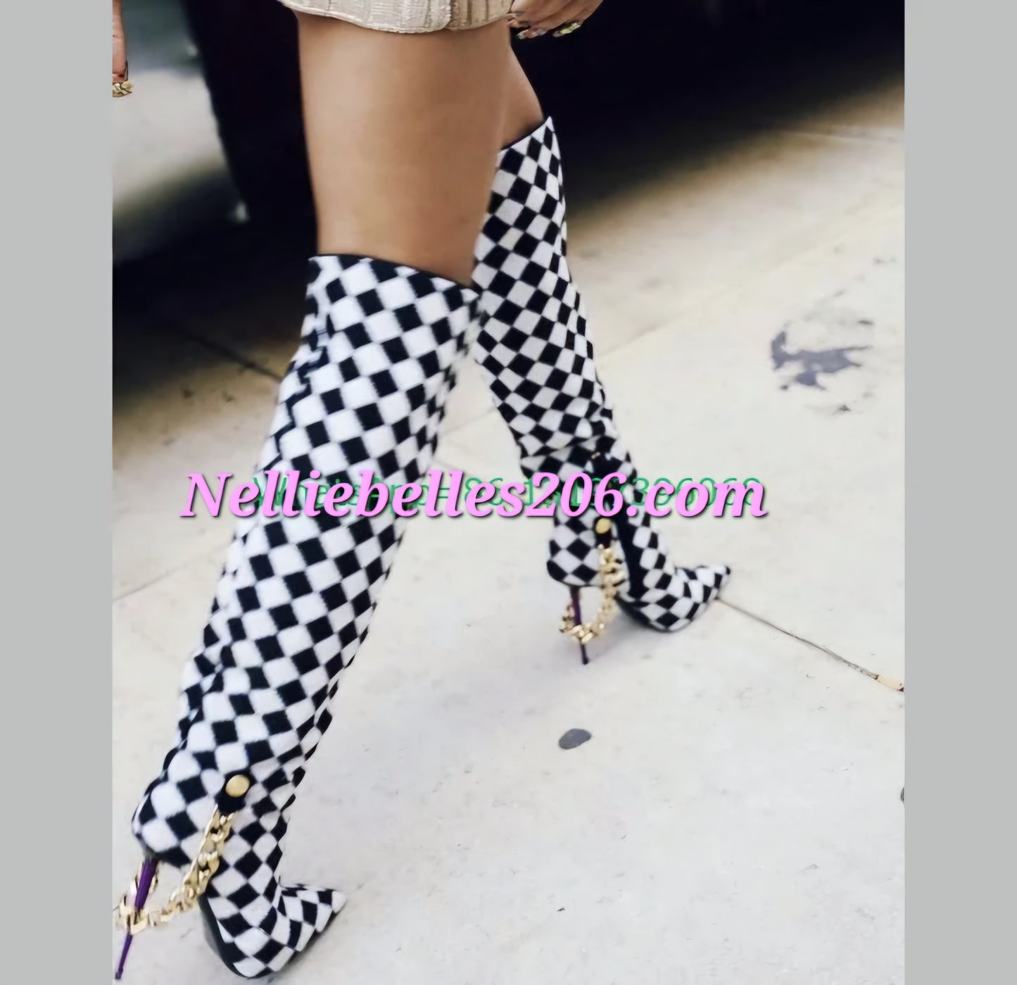 Black/White Checkered Plaid Print Zipper Gold Chain Purple Stiletto Heel Pointed Toe Over-the-Knee  Women's Boots