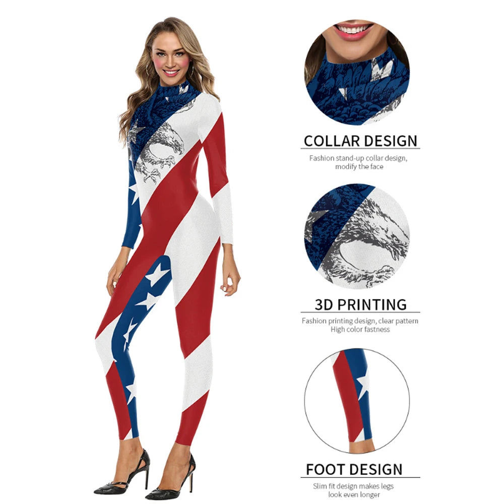 Striped 4th of July US Flag Print Bodycon Women's Long Sleeve Skinny Jumpsuit