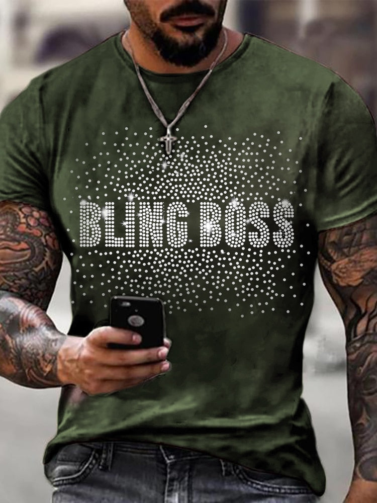 Men's "Bling Boss" Rhinestone Designer Short Sleeve T-Shirt