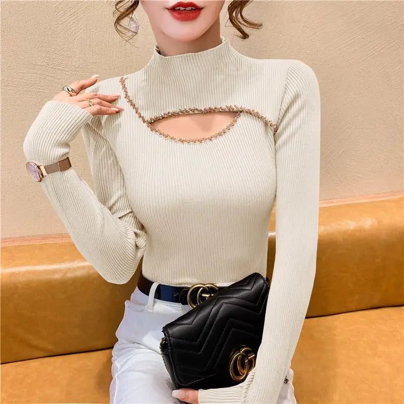 Knitted Long Sleeve Diamond Hollow-Out Halter High Collar Top