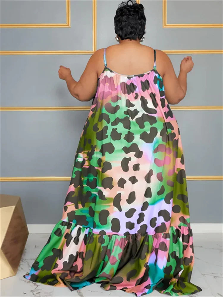 Tiered Hem Rainbow Leopard/Flower Print Sleeveless Fishtail Maxi Dress to 5X Plus Size
