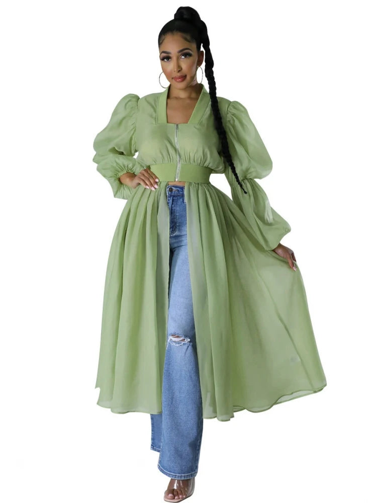 Oversized Solid Long Balloon Sleeve Vintage Flared Maxi Blouse