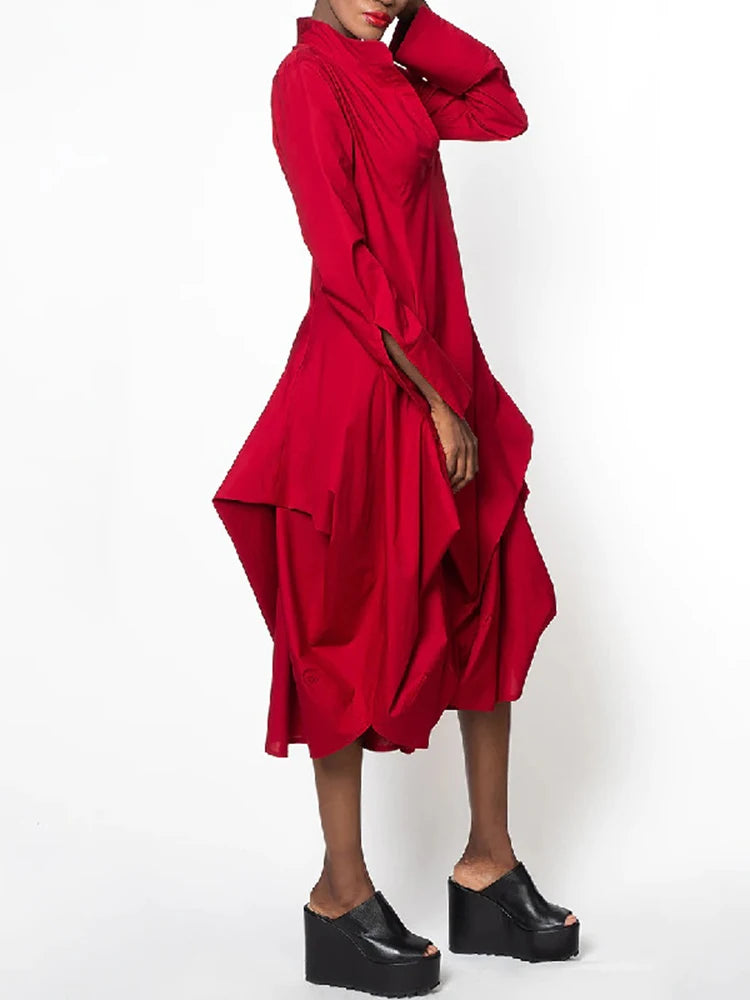 Temperament Folded  Stand Collar Long Sleeve Midi Dress