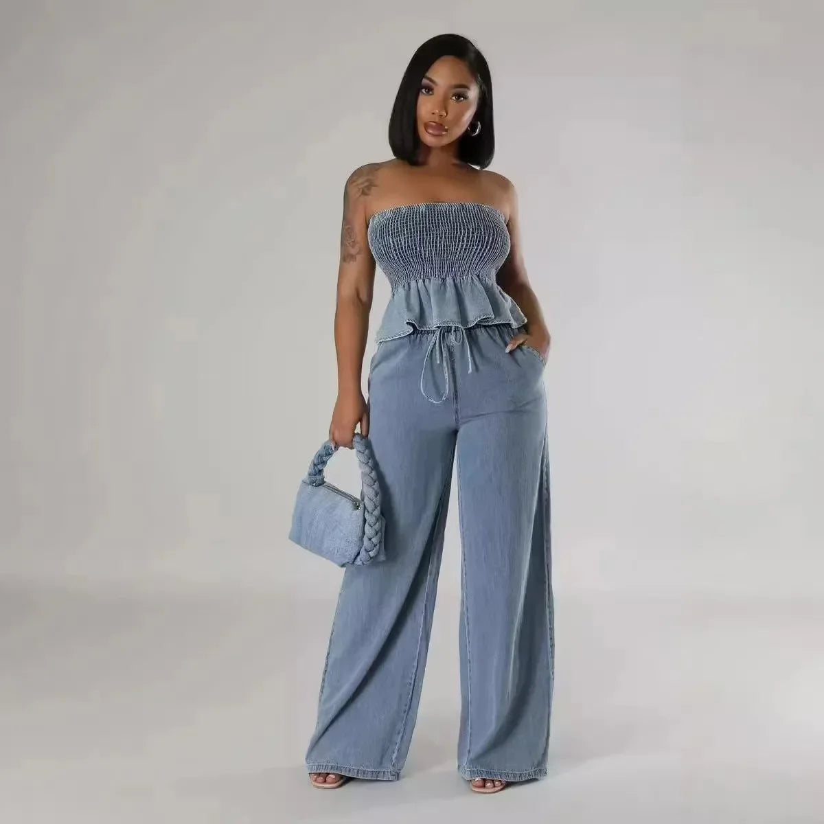 Denim Ruffled Trim Stretch Tube Top + Drawstring Elastic Waist Wide Leg Pants 2-Piece Set