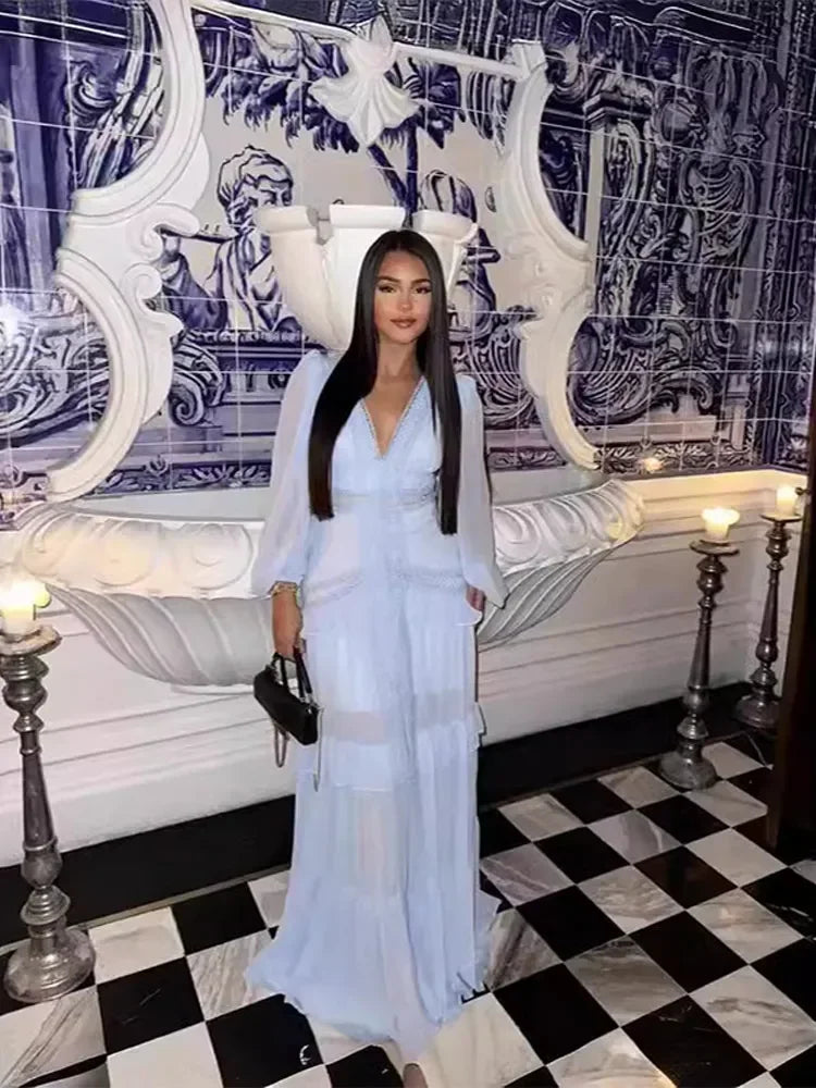 Layered Bohemian Tiered Ruffled Patchwork Design V-Neck Long Puff Sleeve High Slit Maxi Dress