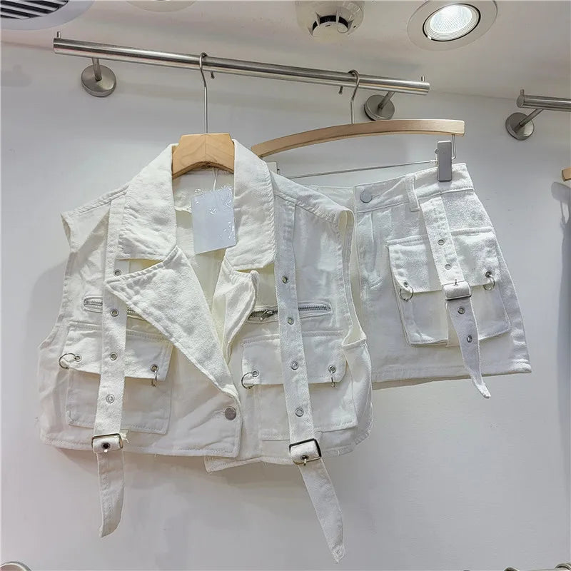 Retro Denim Cargo Big Pocketed Cropped Jacket + Mini Skirt 2-Piece Set
