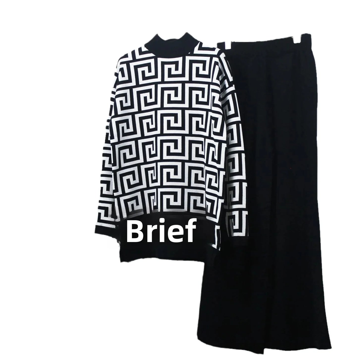 Geometric Colorblock High Collar Sweater + Wide Leg Pants Women's 2-Piece Set