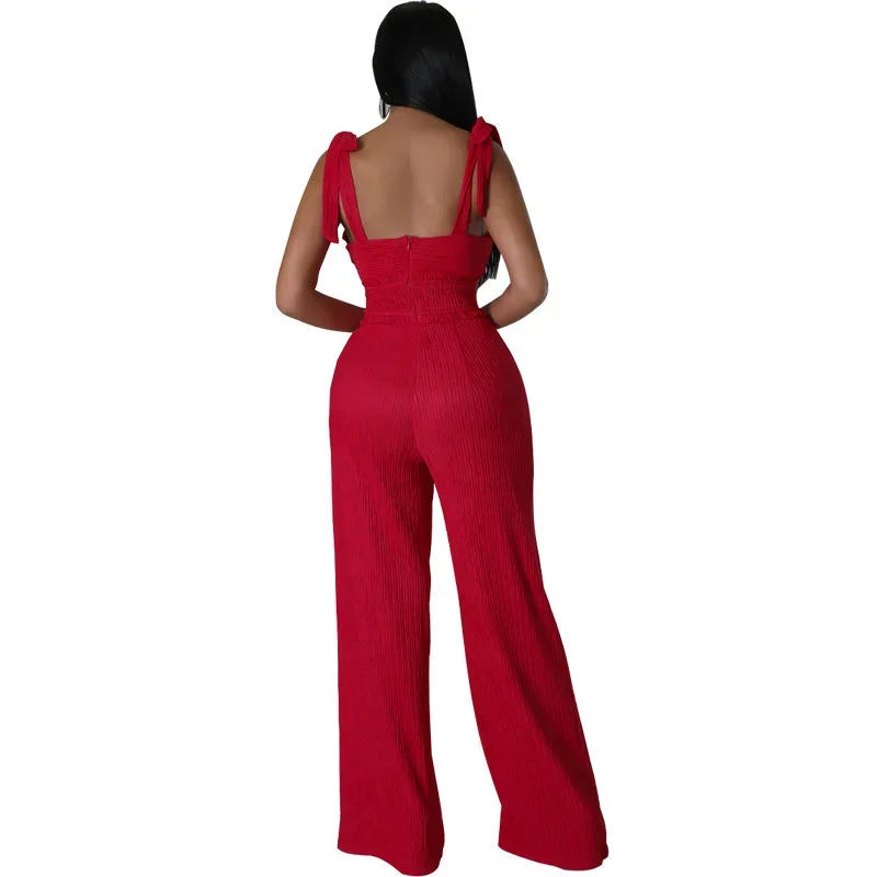 Bowknot Strap Temperament Open Back Cut-Out Pleated Solid Jumpsuit