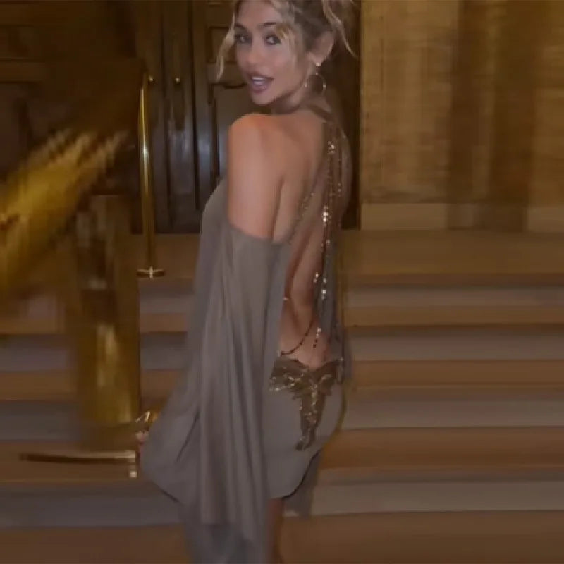 Chiffon Brown Sequin Back Strap Design Off-the-Shoulder Backless Party/Prom Mini Formal Dress