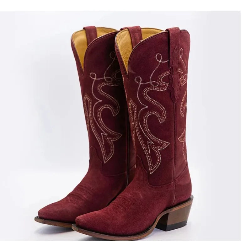 Western Flower Embroidered Pointed Toe PU Leather Midi Cowgirl Boots