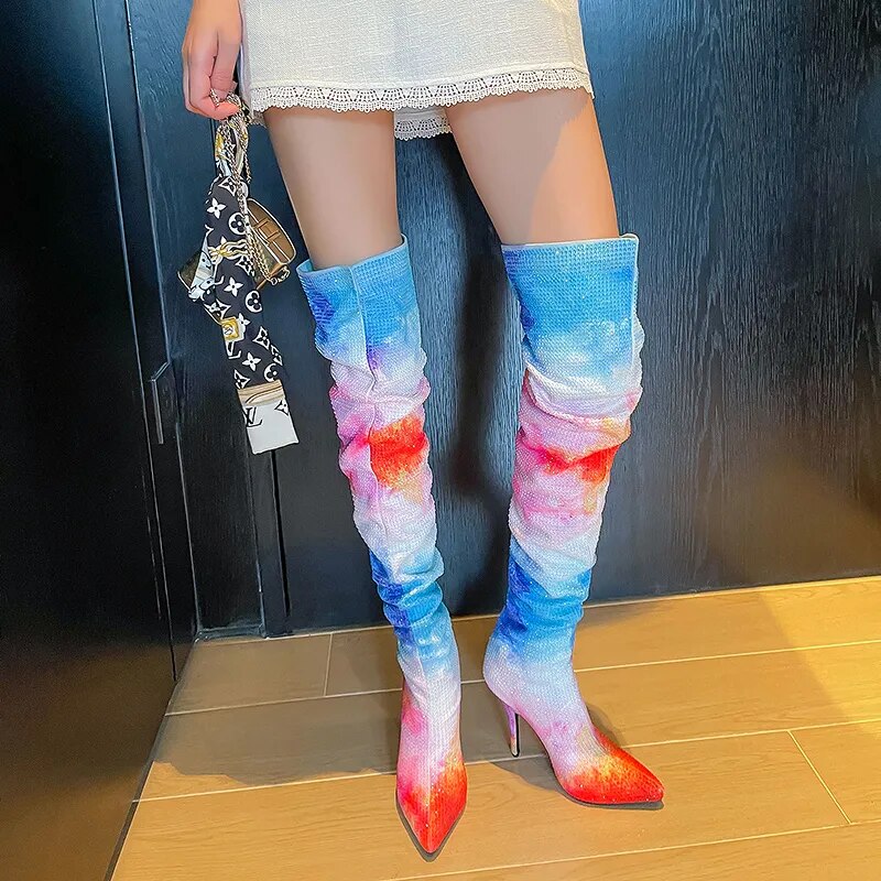 Ombre Rainbow Gradient Colorblock Tie-Dye Crystal Rhinestone Over-the-Knee Pointed Toe Stiletto Heel Boots