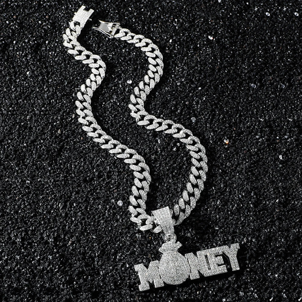 "Money" Iced Out Bling Rhinestone Chain Money Bag Dollar Sign Chain Necklace