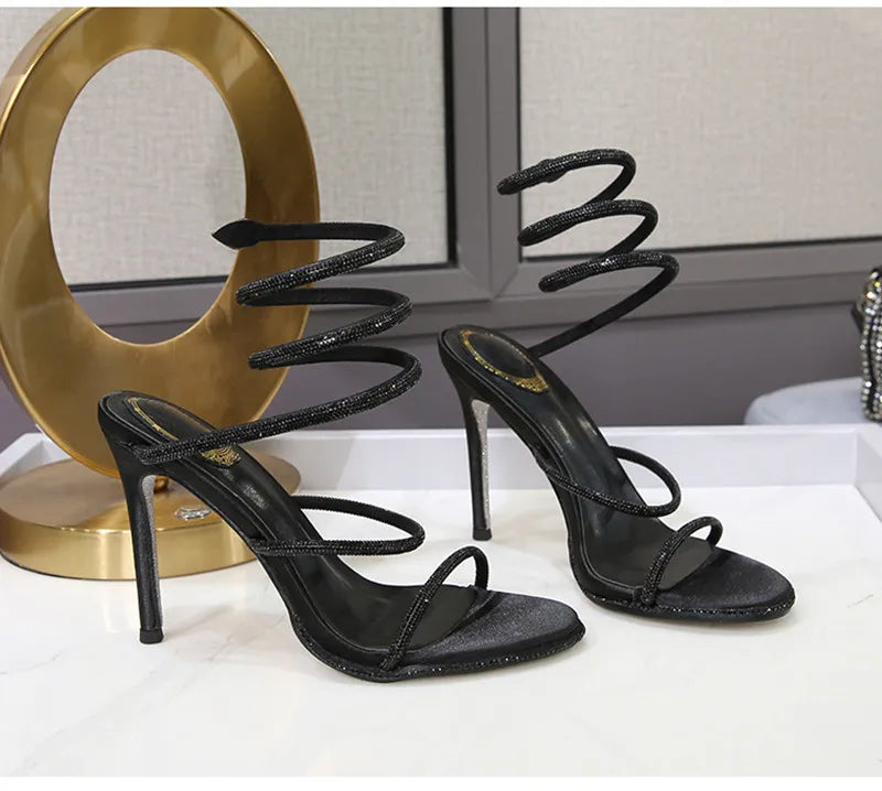 Spiral Snake Twine Band Crystal Rhinestone Thin Stiletto Heel Gladiator Sandal Pumps