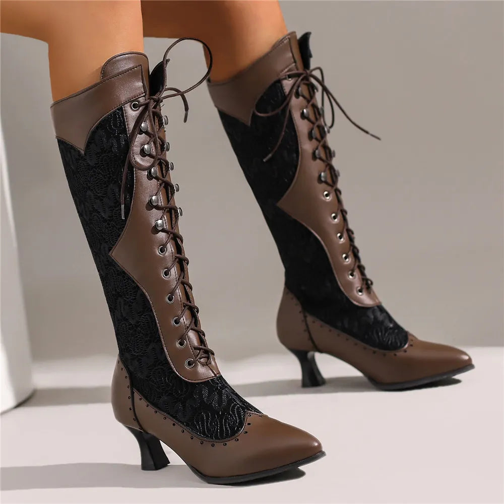 Lace Tie-Up Victorian Pointed Toe Mid-Calf Steampunk Boots