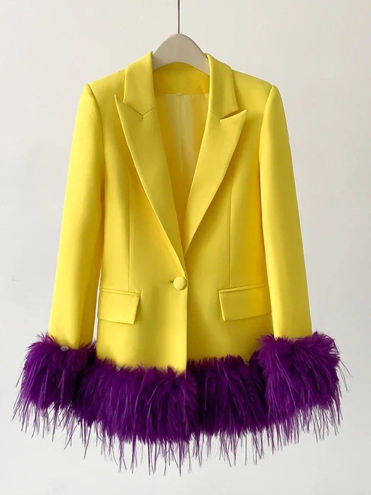 Yellow/Purple Designer Women's Single Button Feather Embellished Notched Collar Pocketed Blazer Jacket