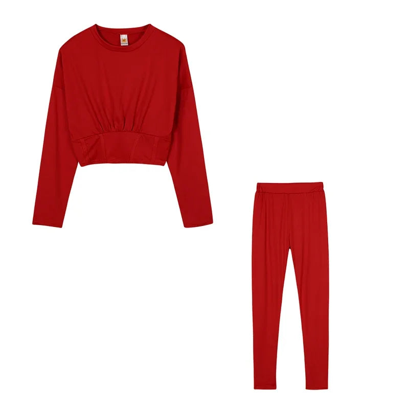 Ruched Fitted O-Neck Solid Color Women's Long Sleeve Crop Top + Leggings Tracksuit