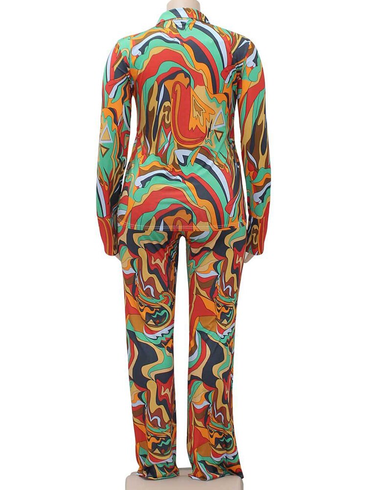 Swirl Design Long Sleeve Shirt + Flare Pant Suit to 5X