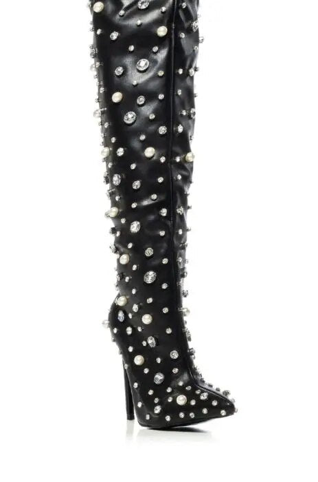 Pearl Embellished Pointed Toe Over-the-Knee Thigh High Boots