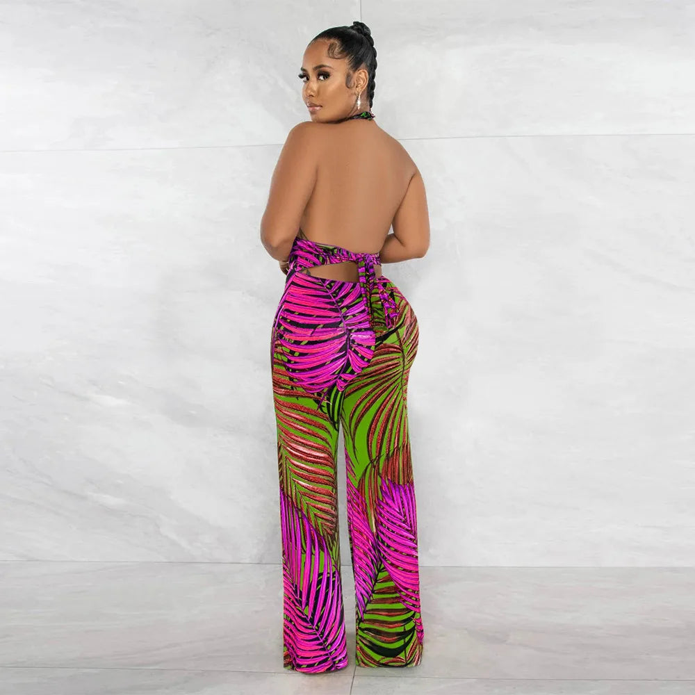 Tropical Print Hollow-Out Halter Strap Backless Sleeveless Jumpsuit