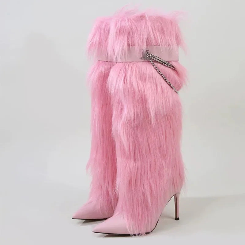 Shaggy Fur Stiletto Heel Pointed Toe Women's Knee-High Boots