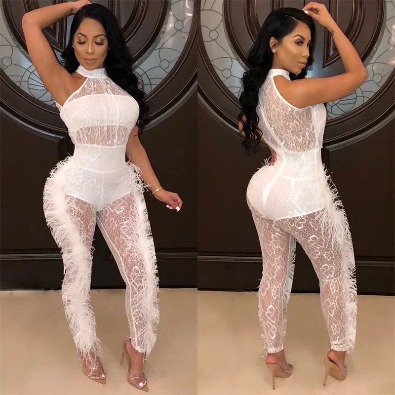 Halter Backless Sleeveless Floral Mesh Transparent Women's Pants Jumpsuit
